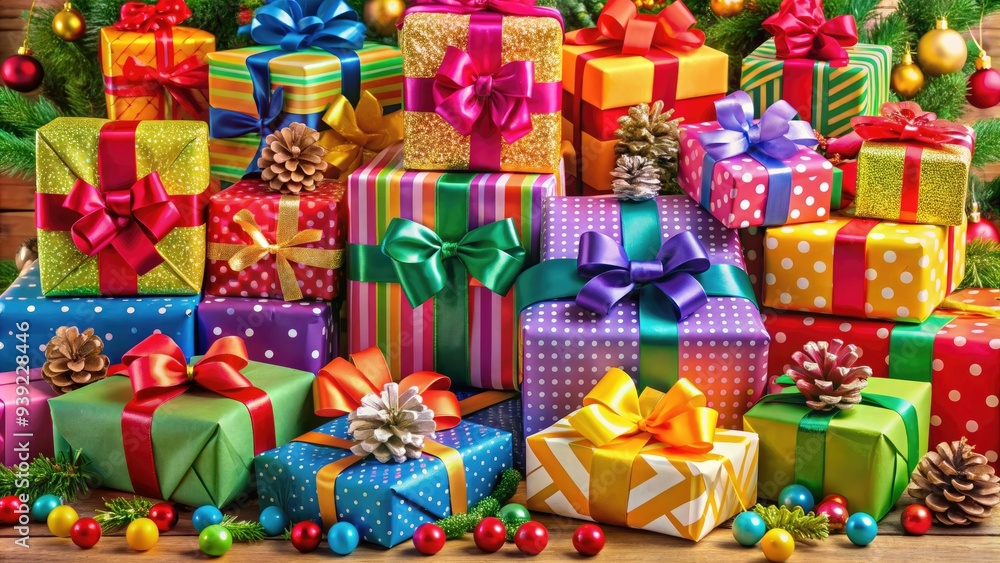 Fototapeta premium Vibrant colorful gifts piled high in a flat arrangement, adorned with ribbons and bows, creating a festive and joyful holiday season atmosphere.