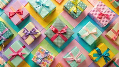 Vibrant colorful gifts wrapped in various textured papers and ribbons scattered on a pastel hued geometric patterned background with subtle textures and shadows.