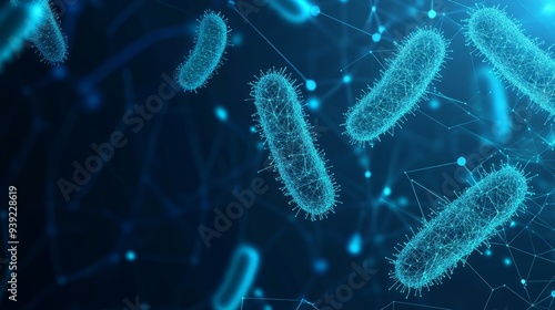 Microbiology low poly wireframe banner vector template. Futuristic science, biological research poster polygonal design with bacteria illustration. Microscopic germs 3d mesh art with connected dots.  photo