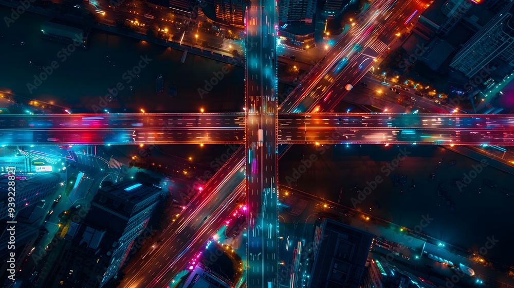 Night City Crossroads: Aerial View of Urban Infrastructure Night City Crossroads: Aerial View of Urban Infrastructure