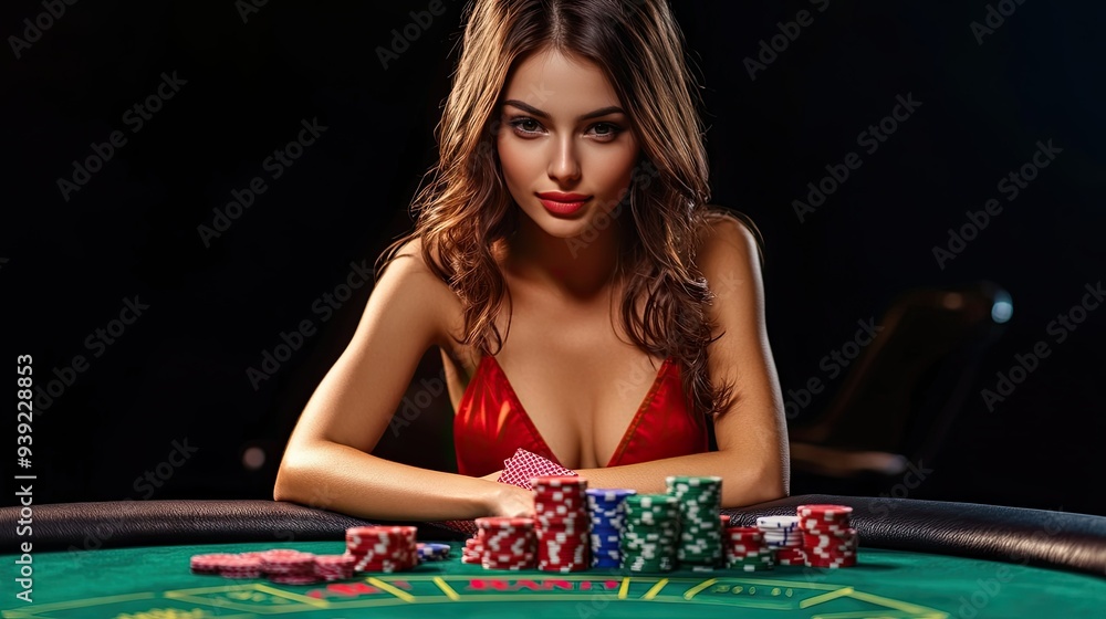 Photo of gorgeous lady working in poker club proffesional player winning isolated over black color background Photo of gorgeous lady working in poker club proffesional player winning isolated over black color background