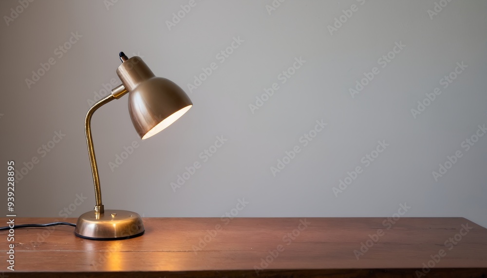 Minimalist desk lamp on the wooden table againist white wall.
Minimalist desk lamp on the wooden table againist white wall.