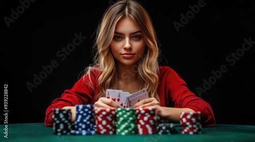 Photo of gorgeous lady working in poker club proffesional player winning isolated over black color background 