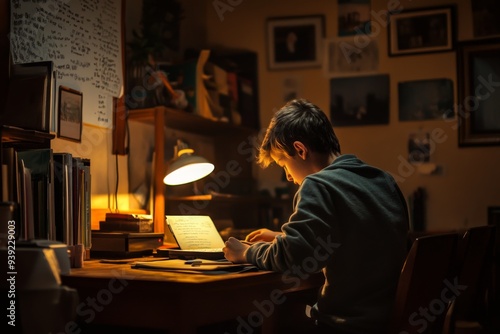 Two boys are seated in a cozy study room, focused on completing their homework while sharing ideas and support. The atmosphere is filled with concentration and camaraderie as they work side by side.