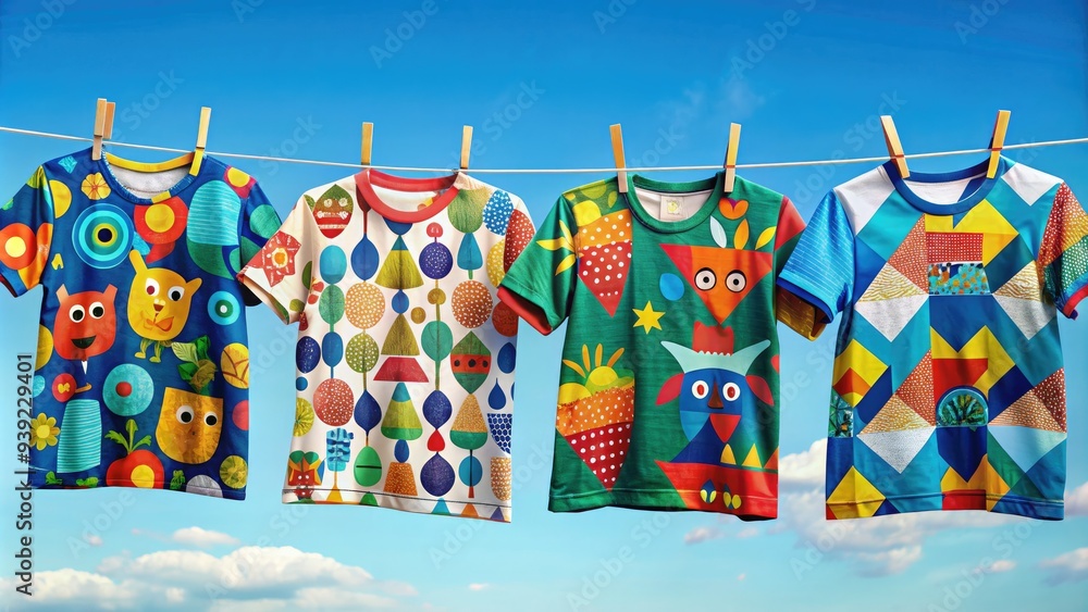 Obraz premium Vibrant colorful t-shirts hanging on a clothesline, each featuring a different playful vector pattern, from geometric shapes to fun animal designs, against a bright blue sky.