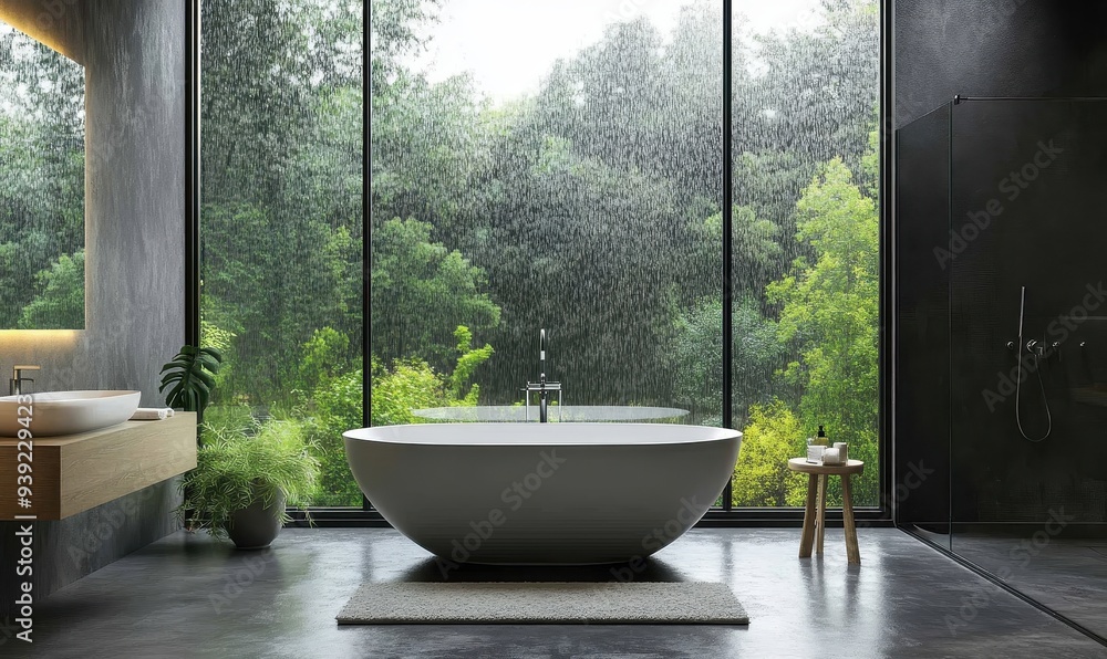 Modern Bathroom with Raining Forest View Modern Bathroom with Raining Forest View