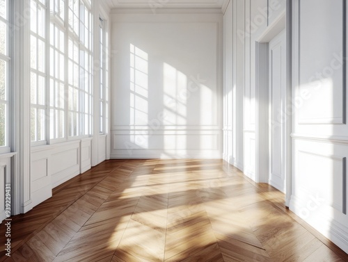 A large, empty room with white walls and wooden floors