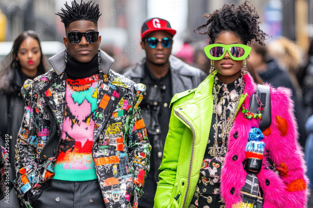 A group of fashionable individuals wearing vibrant, eclectic clothing, posing confidently on a bustling urban street, reflecting dynamic and contemporary urban fashion culture. A group of fashionable individuals wearing vibrant, eclectic clothing, posing confidently on a bustling urban street, reflecting dynamic and contemporary urban fashion culture.