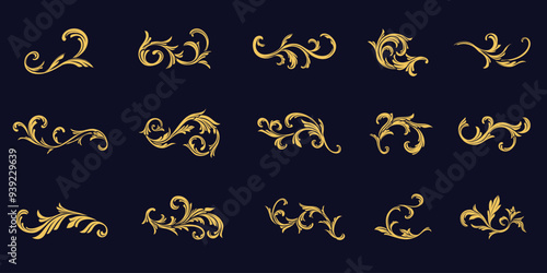 Set of golden flourish, filigree, baroque, Decorative vintage border, frames, corner. Vector design luxury  decoration pattern calligraphic design. Gold arabesque ornamental decorate