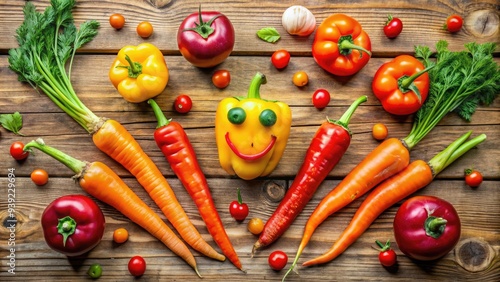 Vibrant colorful vegetables, including carrots, bell peppers, and tomatoes, arranged to resemble smiley faces and other playful shapes on a rustic wooden table surface. photo