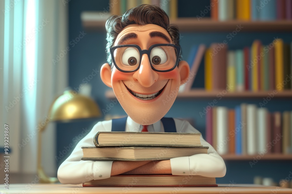 This vibrant cartoon character features a joyful teacher with a big smile, surrounded by a colorful stack of books. Perfect for educational themes and children's content. This vibrant cartoon character features a joyful teacher with a big smile, surrounded by a colorful stack of books. Perfect for educational themes and children's content.