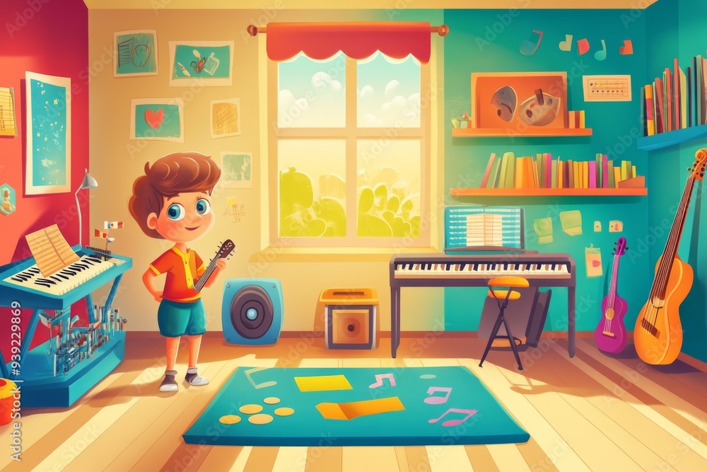 A cartoon teacher character in a music room with fun and colorful instruments A cartoon teacher character in a music room with fun and colorful instruments