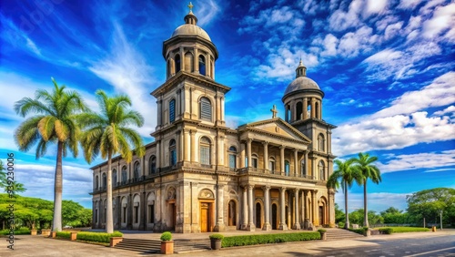 Vibrant colors and imposing architecture of the Cathedral of Managua, a stunning landmark in Nicaragua's capital city, set against a bright blue sky. photo