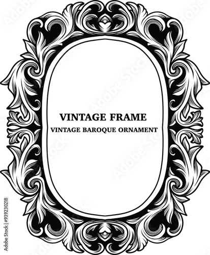 Black oval vintage frames with victorian ornament, baroque, flourish, gothic border design element