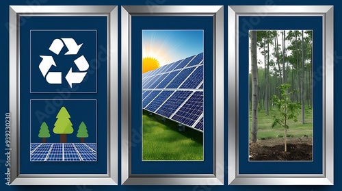 Recyclingthemed sunset scene with solar farm and green hills; suitable for environmental, renewable energy, and conservation concepts. Earthfriendly design photo