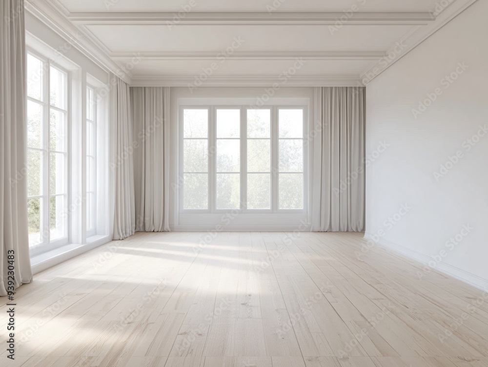 A large, empty room with white walls and white curtains A large, empty room with white walls and white curtains