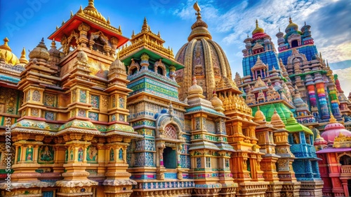 Vibrant colors of traditional Indian architecture, intricate carvings, and ornate facades adorn the historic temples and monuments of ancient Gujarat, India's cultural treasure.