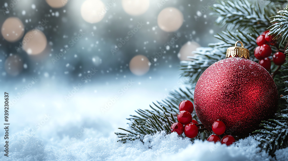 A red Christmas ornament sits on snow, next to pine branches and red berries. Snowy and festive background.
A red Christmas ornament sits on snow, next to pine branches and red berries. Snowy and festive background.