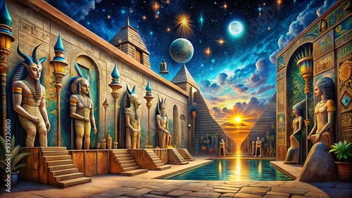 Surrealist Egyptian Dream Wall: Symbolic, mystical, evocative, subconscious, dreamlike, otherworldly photo