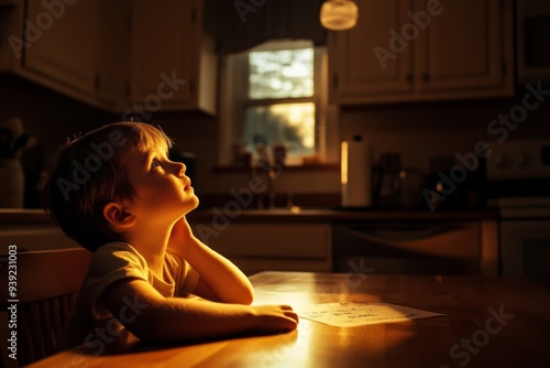 A child sitting at a kitchen table, looking up at a parent for help with a math problem Hyper realistic. Shot with canon 5d Mark III --ar 3:2 --v 6.1 Job ID: 72394dde-e5c5-416c-ab3d-69ae90052542