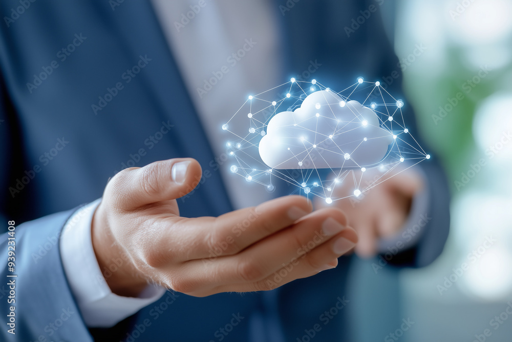 A businessman holding a cloud with digital connections, against a background A businessman holding a cloud with digital connections, against a background