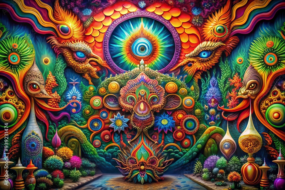 Surreal Tapestry - Vibrant patterns, melting shapes, optical illusions, imaginative creatures, kaleidoscopic colors