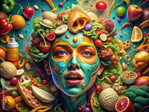 Surreal Sustenance: Distorted mask, distorted food, surreal environment, vibrant colors, chaotic