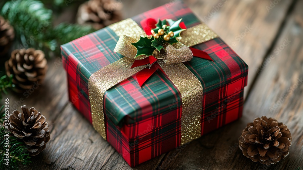 A festive holiday-themed gift box, wrapped in red and green plaid paper, tied with a gold ribbon, placed on a wooden table with pinecones and holly leaves A festive holiday-themed gift box, wrapped in red and green plaid paper, tied with a gold ribbon, placed on a wooden table with pinecones and holly leaves