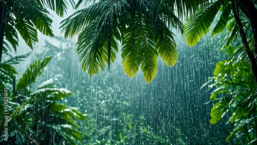 palm tree leaves in the rain 