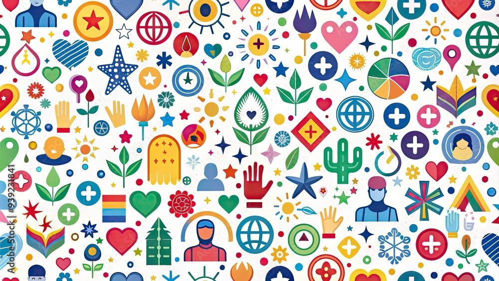 Vibrant diverse shapes and icons in various colors and patterns scattered across a clean white background, symbolizing unity and inclusivity in modern design. Vibrant diverse shapes and icons in various colors and patterns scattered across a clean white background, symbolizing unity and inclusivity in modern design.