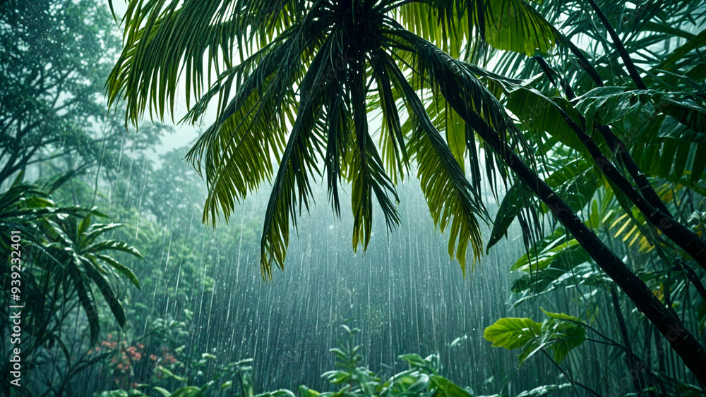 Naklejka premium palm tree leaves in the rain 