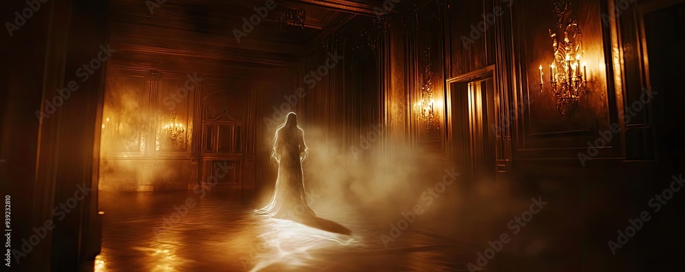 A mysterious silhouette in a grand, dimly lit room, enveloped in soft fog and illuminated by elegant chandeliers. A mysterious silhouette in a grand, dimly lit room, enveloped in soft fog and illuminated by elegant chandeliers.