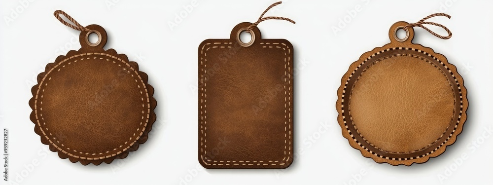 Set of brown isolated realistic leather patch. Label tag with seam template on transparent background. Vintage craft emblem design with string. Round and rectangle calfskin material sample rivet. Set of brown isolated realistic leather patch. Label tag with seam template on transparent background. Vintage craft emblem design with string. Round and rectangle calfskin material sample rivet.