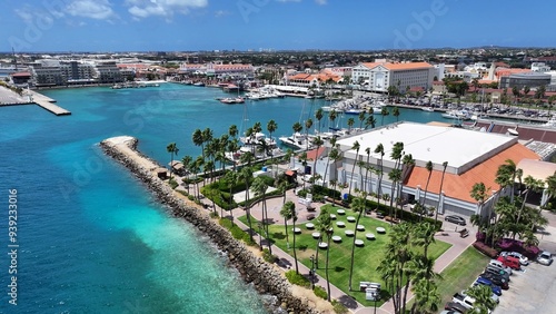 Aruba Skyline At Oranjestad In Caribbean Netherlands Aruba. Caribbean City. Downtown Skyline. Oranjestad At Caribbean Netherlands Aruba. Cityscape Landmark. Colored Buildings.