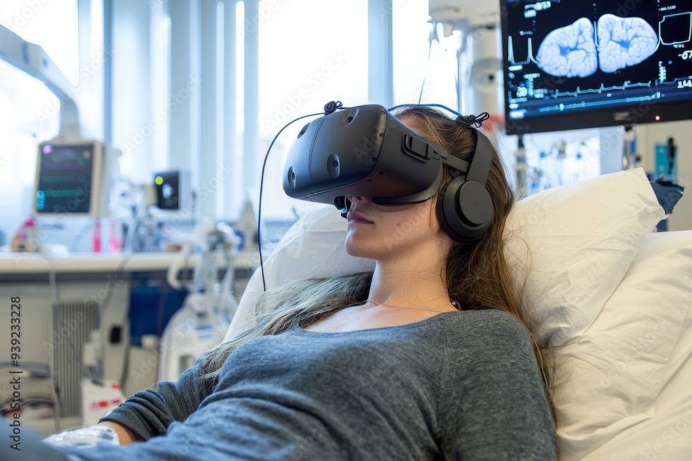 Woman Wearing VR Headset in Hospital Bed