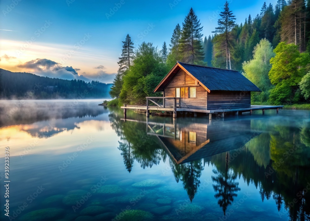 Fototapeta premium Tranquil Lakeside Retreat: Rustic cottage on a serene lake, calm blue hues, ethereal reflections.