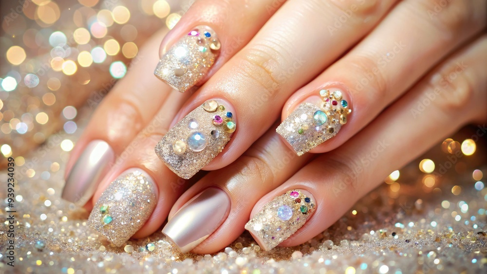 Vibrant glitter nail polish sparkles on a woman's delicate fingers, adorned with rhinestones and subtle ring accents, against a soft, creamy background. Vibrant glitter nail polish sparkles on a woman's delicate fingers, adorned with rhinestones and subtle ring accents, against a soft, creamy background.