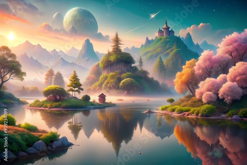 Tranquil Utopia: Dreamy, otherworldly, soft pastel colors, ethereal glow, surreal landscapes photo