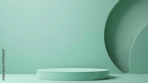Minimal scene with green podium and mint leaves ,3d light green promo showcase podium mock up for cosmetic show realistic 