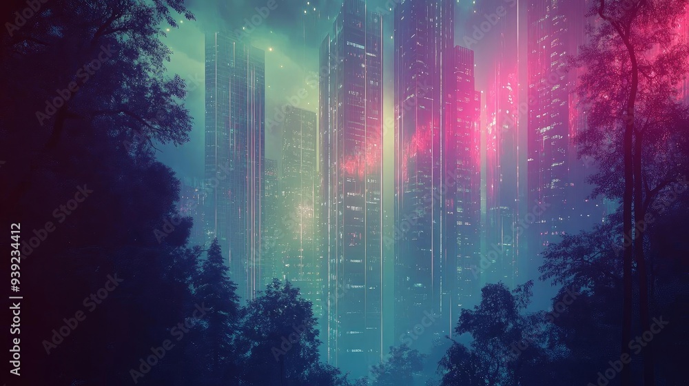 A futuristic cityscape emerging from vibrant forests, illuminated by neon lights and surrounded by ethereal mist. A futuristic cityscape emerging from vibrant forests, illuminated by neon lights and surrounded by ethereal mist.