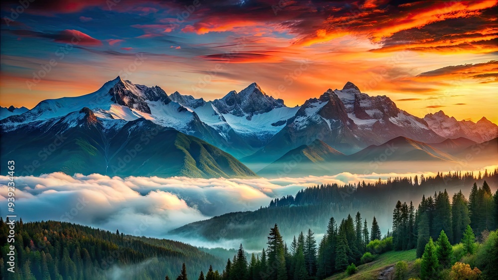 Vibrant gradient of turquoise, orange, and pink hues illuminates a serene mountain landscape at dusk, with snow-capped peaks and misty valleys beneath a dramatic sky. Vibrant gradient of turquoise, orange, and pink hues illuminates a serene mountain landscape at dusk, with snow-capped peaks and misty valleys beneath a dramatic sky.