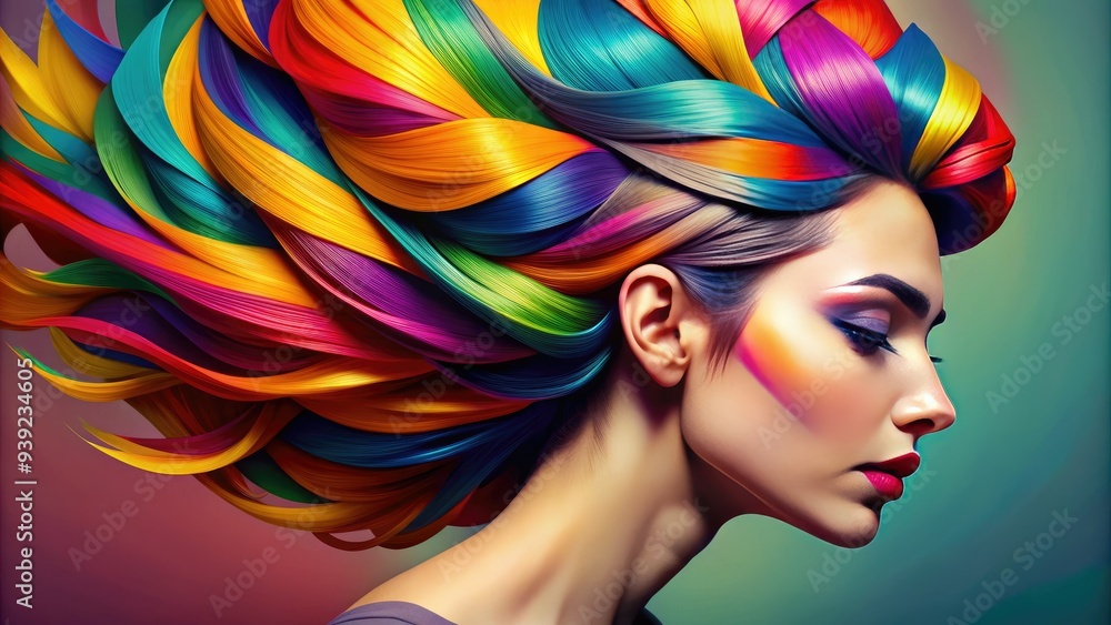 Naklejka premium Vibrant graphic illustration of a trendy hairstyle with bold colors and geometric shapes, perfect for beauty, fashion, and lifestyle editorial designs.