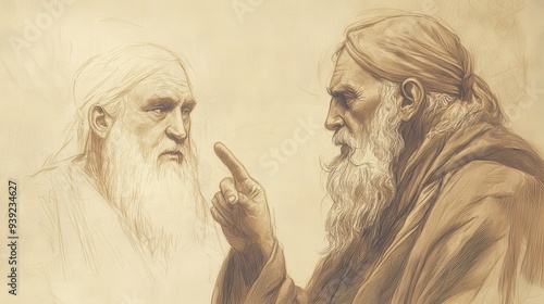 Illustration of Bildad’s Concluding Speech - A Firm Plea to Seek God’s Favor, Biblical Illustration, Beige Background photo