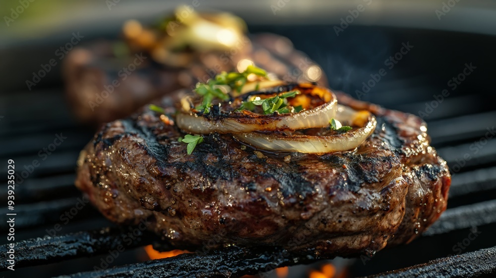 Juicy grilled steak topped with caramelized onions and herbs on a barbecue grill, perfect for a summer cookout. Juicy grilled steak topped with caramelized onions and herbs on a barbecue grill, perfect for a summer cookout.