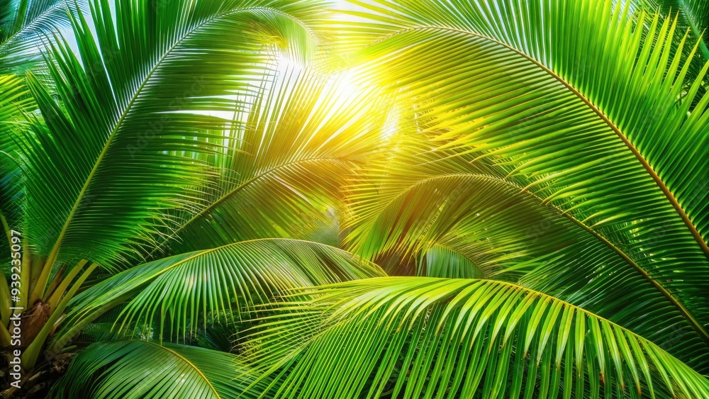 Vibrant green coconut leaves against a blurred natural background, creating a tropical and refreshing atmosphere, perfect for summer or travel-related designs and projects. Vibrant green coconut leaves against a blurred natural background, creating a tropical and refreshing atmosphere, perfect for summer or travel-related designs and projects.