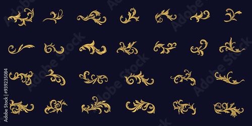 Set of golden ornamental fancy design border, elegance vintage Baroque swirl filigree arabesque engraving decorative elements. Vector set art deco floral ornaments elements