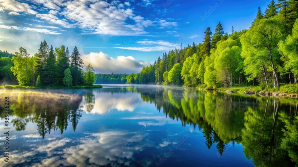 Vibrant green forest surrounds a serene lake, reflecting a brilliant blue sky, in Michigan's Upper Peninsula during a tranquil spring morning, with mist rising slowly. Vibrant green forest surrounds a serene lake, reflecting a brilliant blue sky, in Michigan's Upper Peninsula during a tranquil spring morning, with mist rising slowly.
