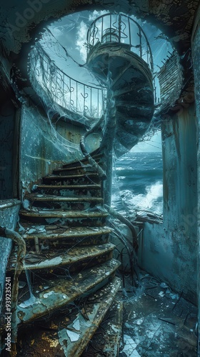 Abandoned lighthouse with crashing waves broken glass spiral staircase distant foghorn photorealistic eerie lighting highdefinition wideangle