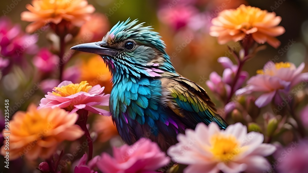 A detailed shot of a small, colorful bird with iridescent feathers perched delicately on a blooming flower, with a soft focus on the vibrant petals in the foreground. A detailed shot of a small, colorful bird with iridescent feathers perched delicately on a blooming flower, with a soft focus on the vibrant petals in the foreground.