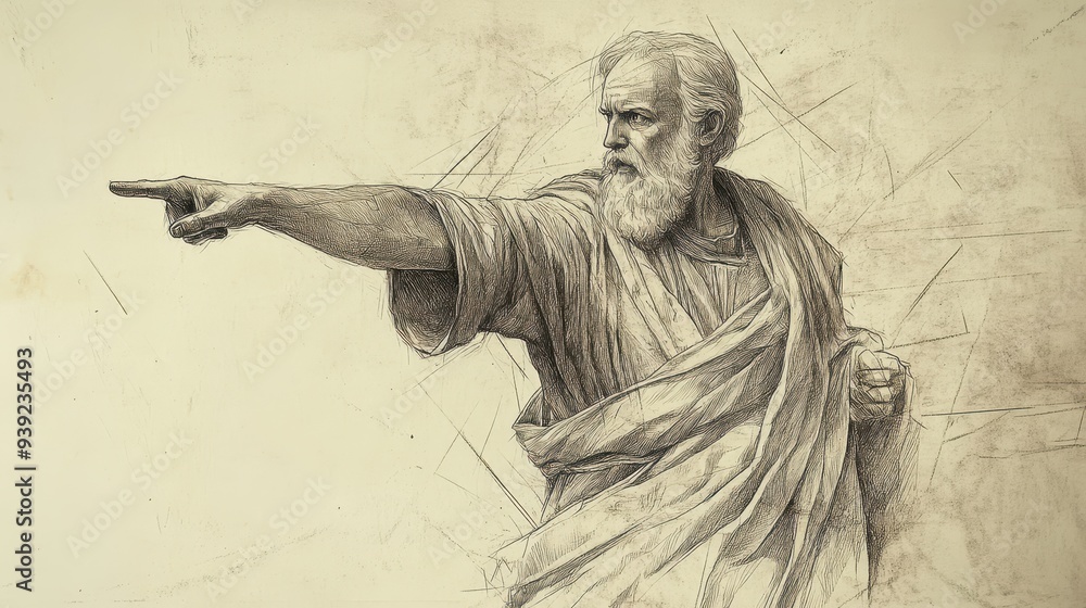 Fototapeta premium Illustration of Eliphaz’s Faith - Gesturing Towards the Horizon, Symbolizing God’s Ultimate Justice, Beige Background